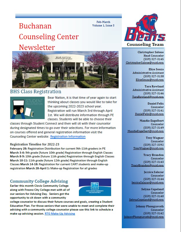 BHS Counseling Center Monthly Newsletter