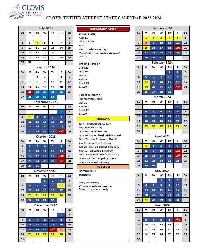 Clovis Unified Calendar 2024 2025 Jan 2024 Calendar